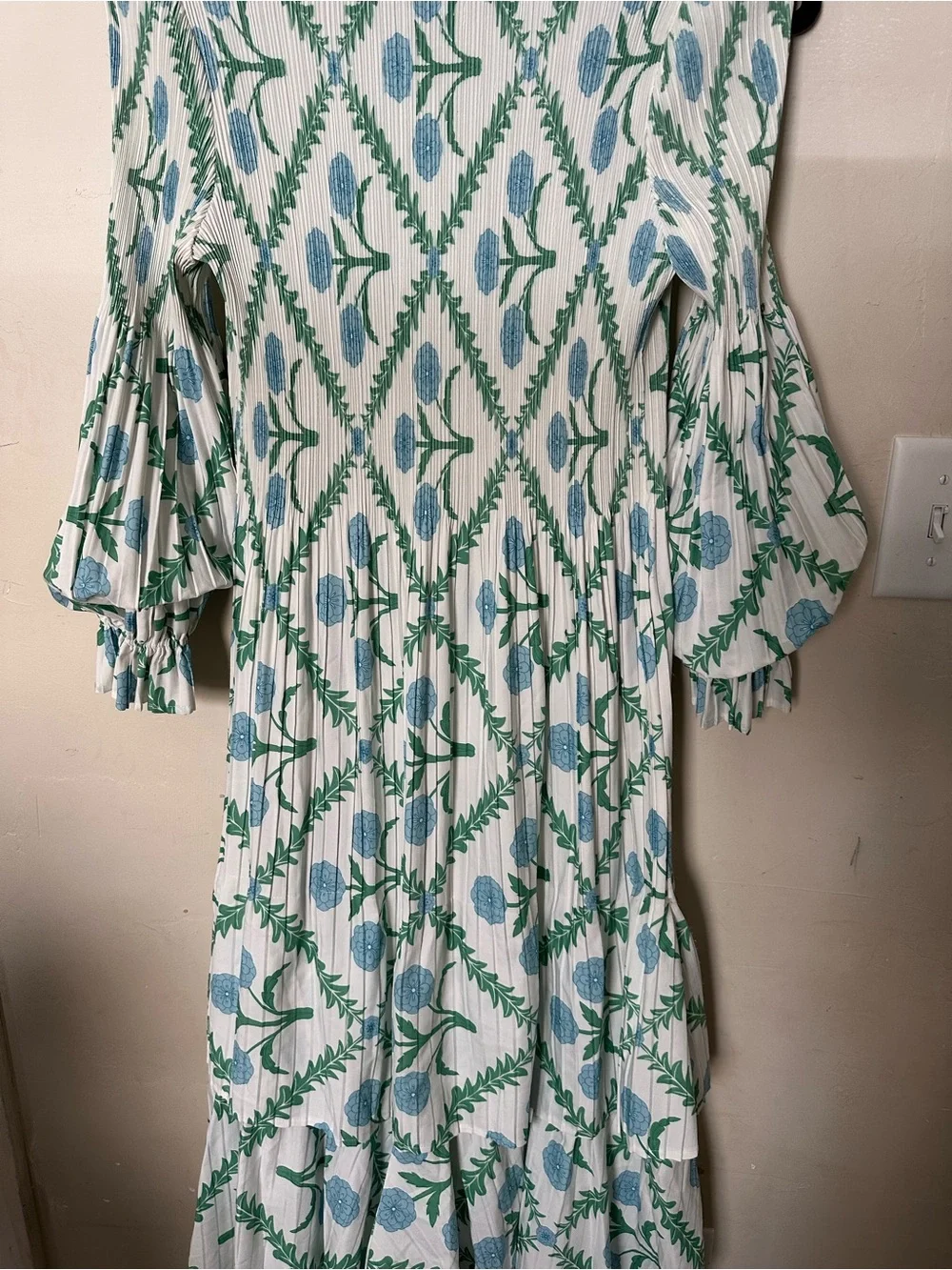 Oh So Modest White Floral Midi Dress with Blue & Green Print - Picture 3 of 4